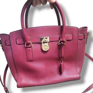 Michael Kors Hamilton Large East-West Leather Satchel Bag in Mulberry